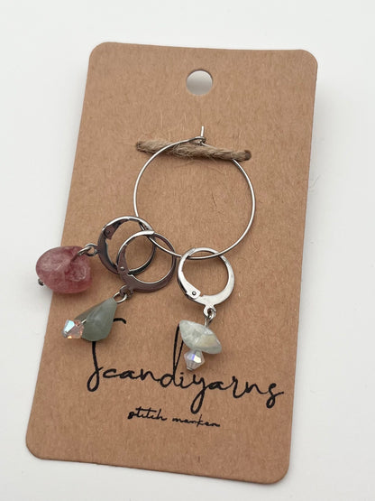 Erdbeerquarz, Morganit, Fluorit, und Facettperlen mit Huggie 3er Set Silber