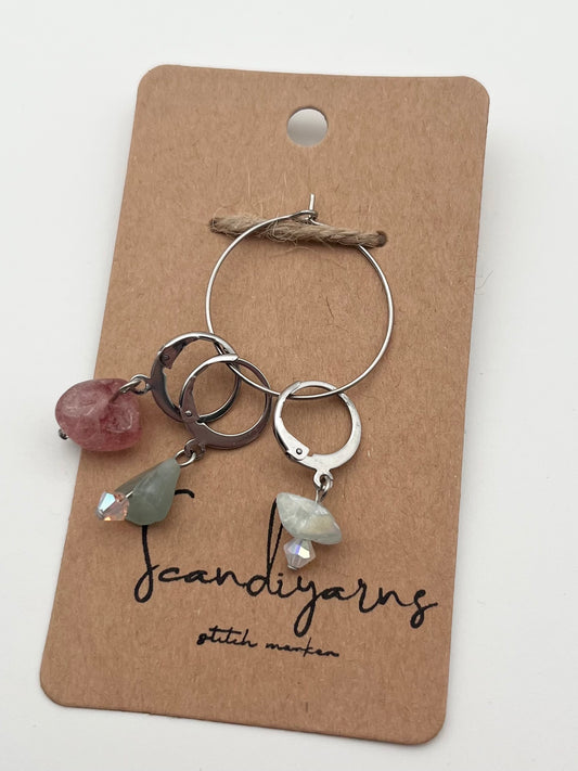 Erdbeerquarz, Morganit, Fluorit, und Facettperlen mit Huggie 3er Set Silber