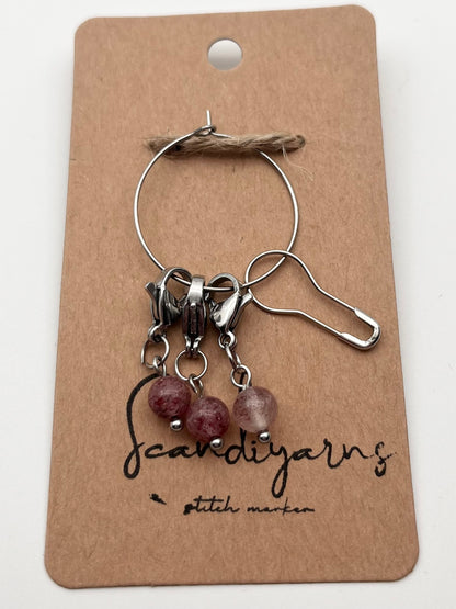 Erdbeerquarz mit Karabiner 3er Set Silber