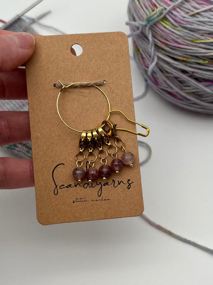 Erdbeerquarz mit Karabiner 5er Set Gold