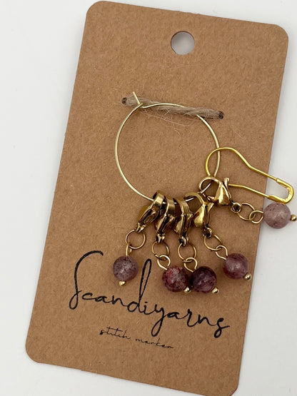 Erdbeerquarz mit Karabiner 5er Set Gold