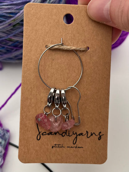 Erdbeerquarz Stein mit Karabiner 3er Set Silber