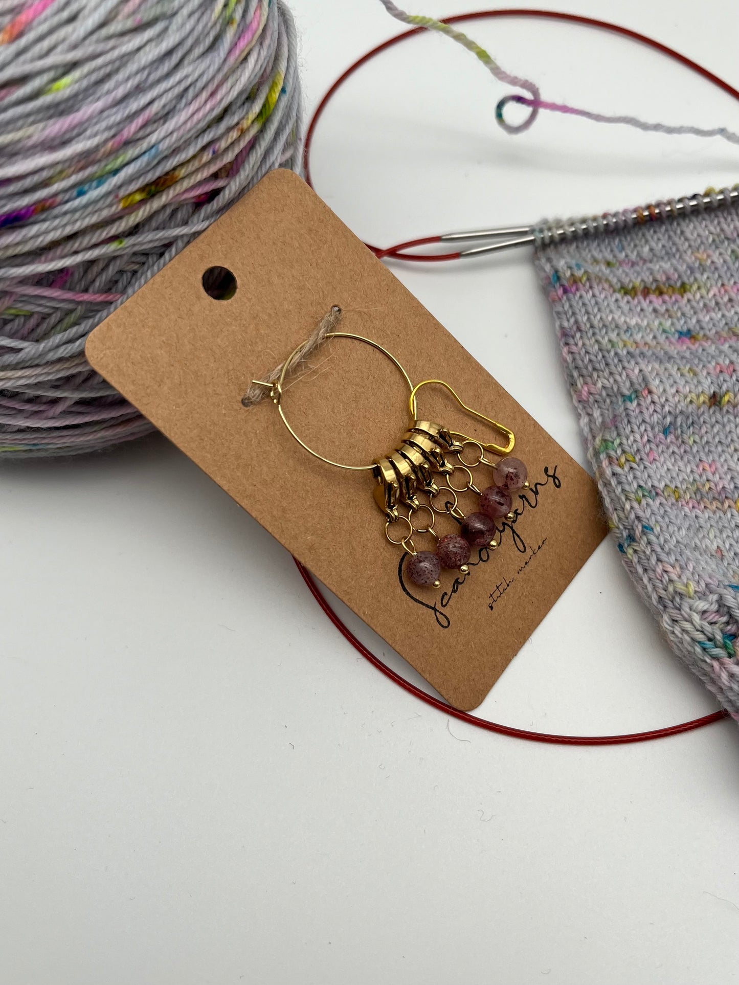 Erdbeerquarz mit Karabiner 5er Set Gold